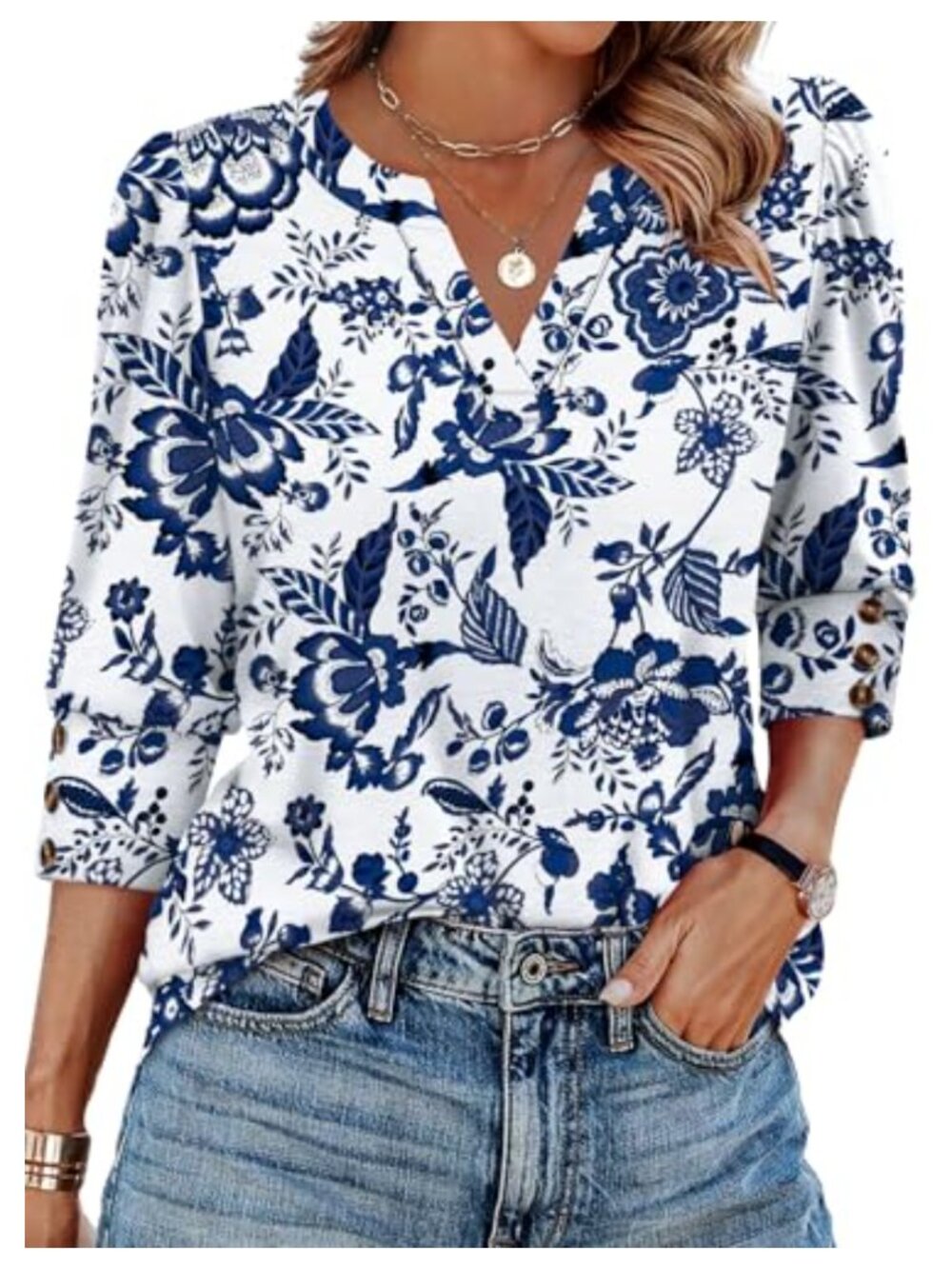 Womens 3/4 Sleeve Blouse V-Neck Button Cuff Dressy Casual Top